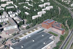 Areal photograph and illustration of the current premises and the extension on the left side, based on preliminary planning.