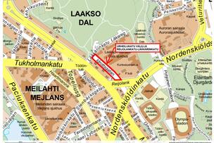 Kartalla myöhemmin alkavan katuremontin sijainti