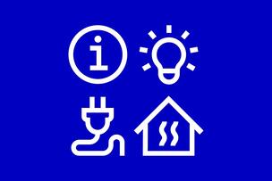 Four symbols: info icon, a light bulb, electric cord, and a house.