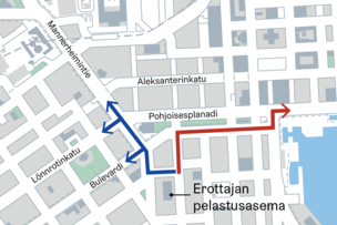 Kartta, jossa on osoitettu reitti, jolla liikennevaloetuus on toteutettu.