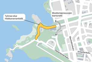Hiekkarannantien katu-urakan työmaa-alue ja moottoriajoneuvojen kiertoreitti merkattuna kartalle.