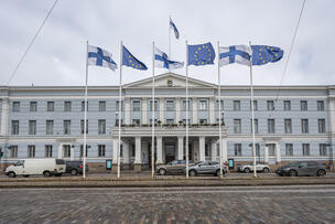 Helsinki City Hall with EU flags.