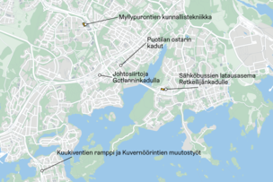 Kartta, johon merkitty eri kohteet.