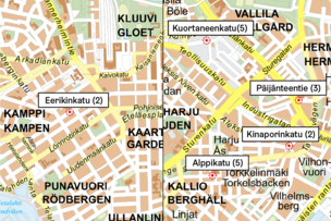 Kadut joille istutusalueet tehdään. Suluissa poistuvien pysäköintipaikkojen määrä: Eerikinkatu (2), Kuortaneenkatu (5), Päijänteentie (3), Kinaporinkatu (2), Alppikatu (5) 