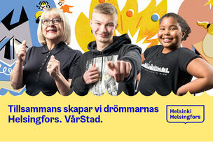 Två kvinnor och en man står mot en färgstark bakgrund.
