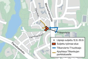 Paciuksenkaaren läpiajo sulkeutuu 12. elokuuta rakentamistöiden takia. Kartta alueesta.