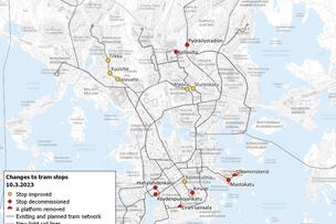 Tram stop arrangements on a map.