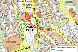 Suljetut alueet ja kiertotie kartalla.