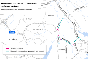 The five construction sites on the alternative route on map.