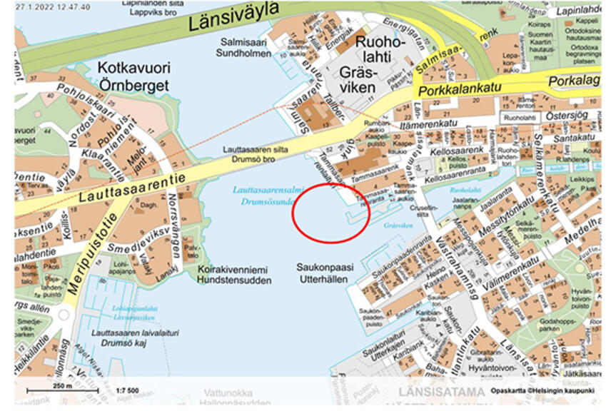 Karttakuva varausalueesta Ruoholahdessa