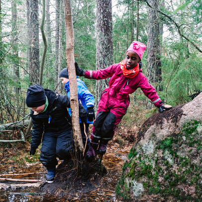 Three children playing in the forest.