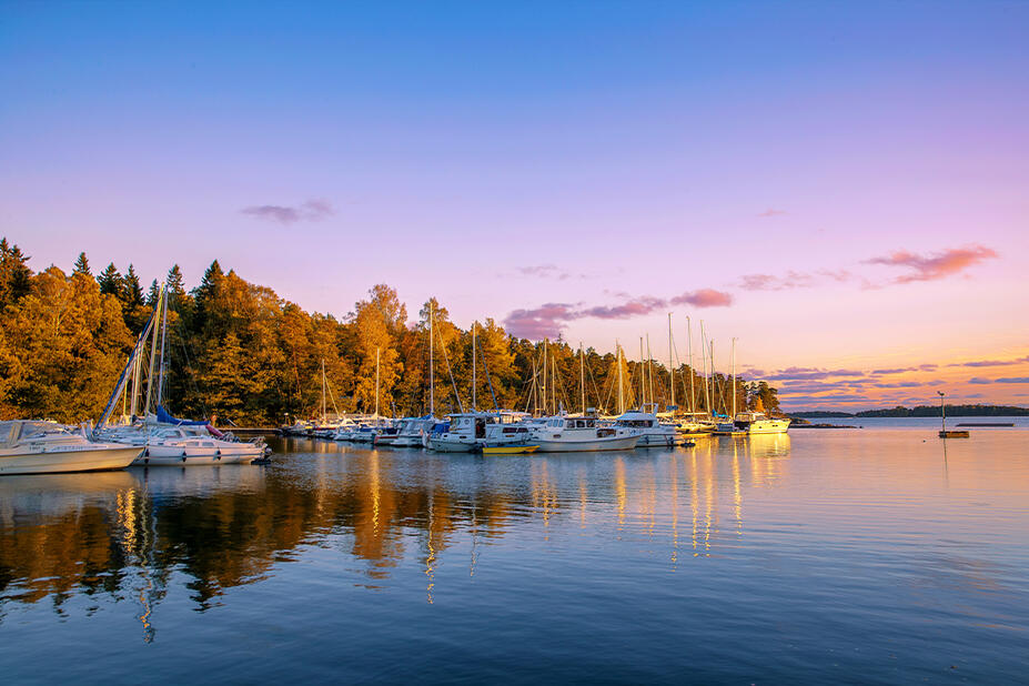 Kesäilta, venesatama ja veneitä laiturissa, taustalla metsää.