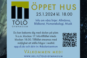 Infotillfälle 25.1.2024 kl. 18.00. Möjlighet att bekanta dig med skolan från kl. 17.00.