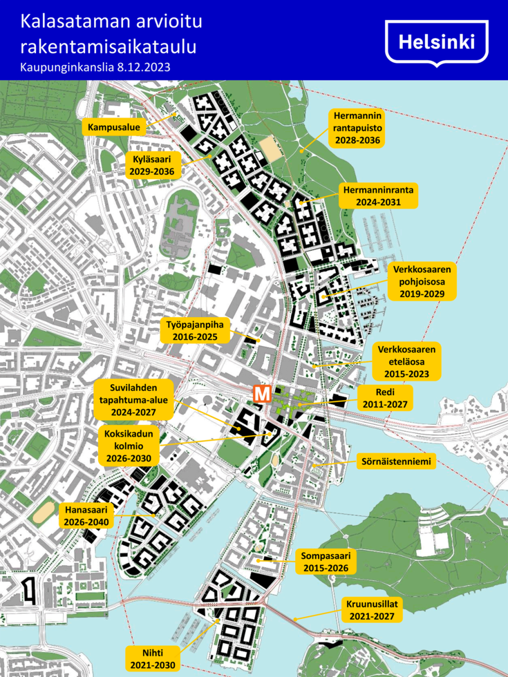Karttakuva esittää kalasataman rakentamisen vaiheita alueellisesti.