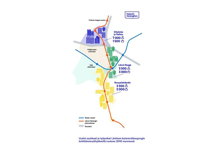 Infografiikka uusien asuntojen ja työpaikkojen sijoittumisesta Läntisen Bulevardikaupungin alueella vuoteen 2040 mennessä.