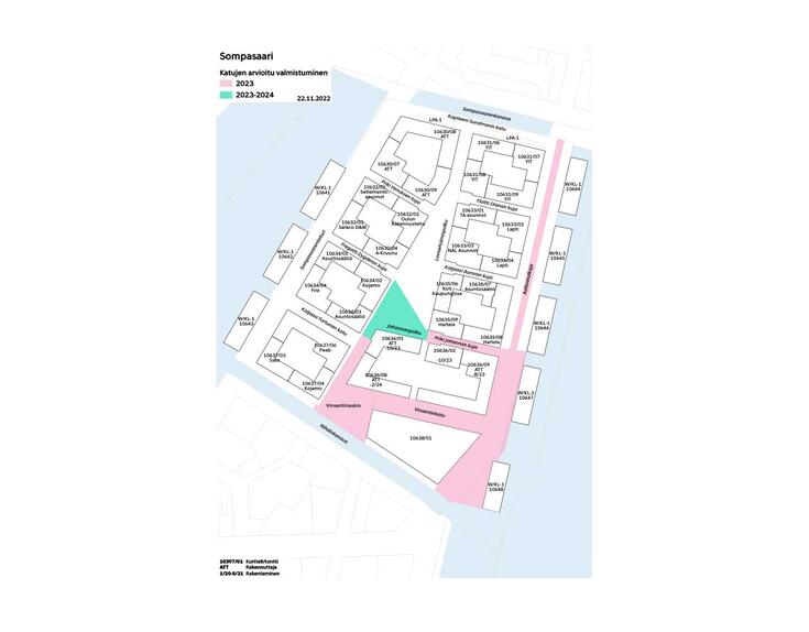 Sompasaari katujen arvioitu valmistuminen kartalla
