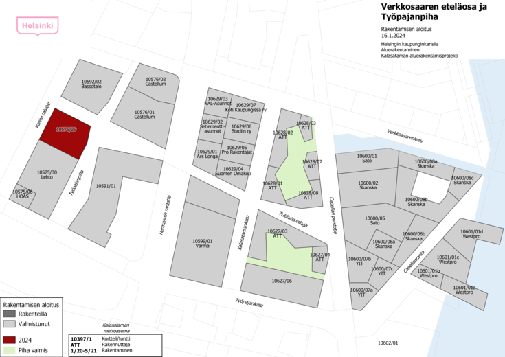 Verkkosaaren eteläosan ja Työpajanpihan rakentamisen aikataulukartta