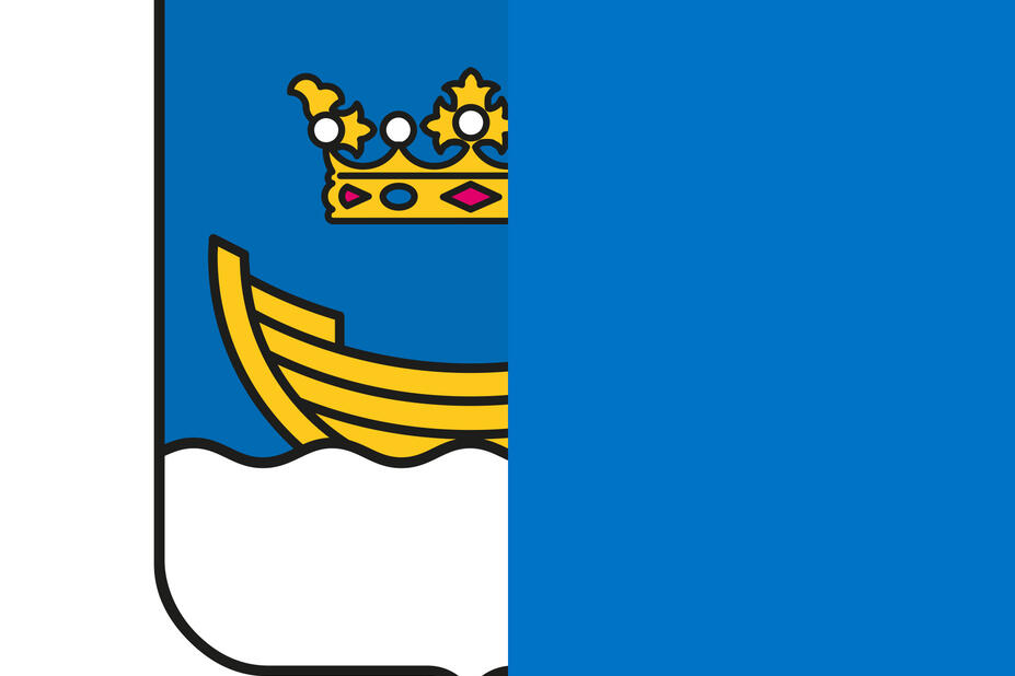 Helsingin sininen vaakuna puolikkaana. Vaakunassa kruunu ja sen alla vene ja vesielementti.