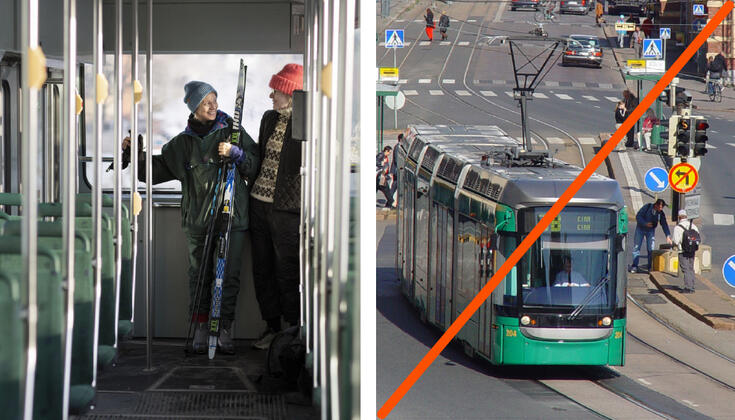 Kaksi naista ratikassa sukset mukana sekä kuva ratikasta.