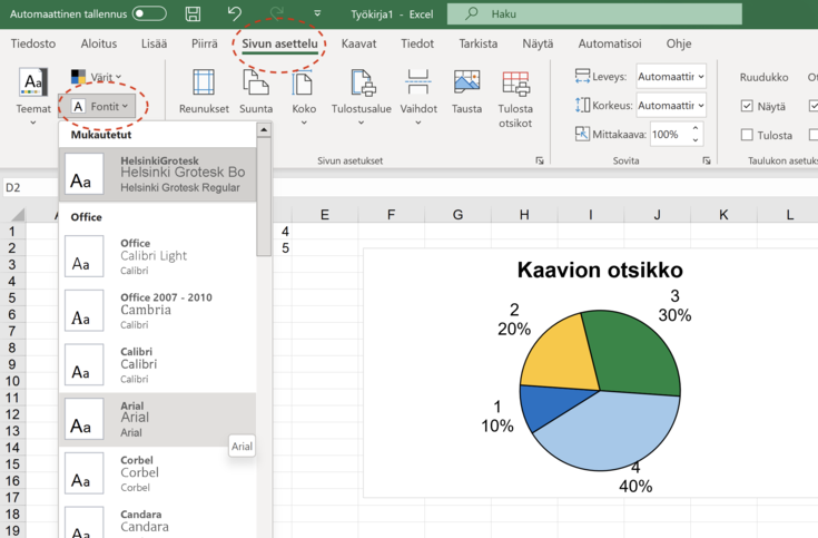 Fonttiteeman asettaminen, ruutukaappaus Excelistä 