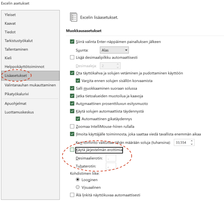Tuhaterottimet asetukset, ruutukaappaus Excelistä